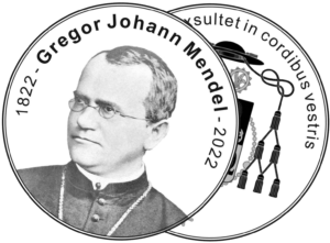 Entwurfszeichnung: Vorder- und Rückseite einer Medaille mit Porträt und Abstwappen Gregor Mendels